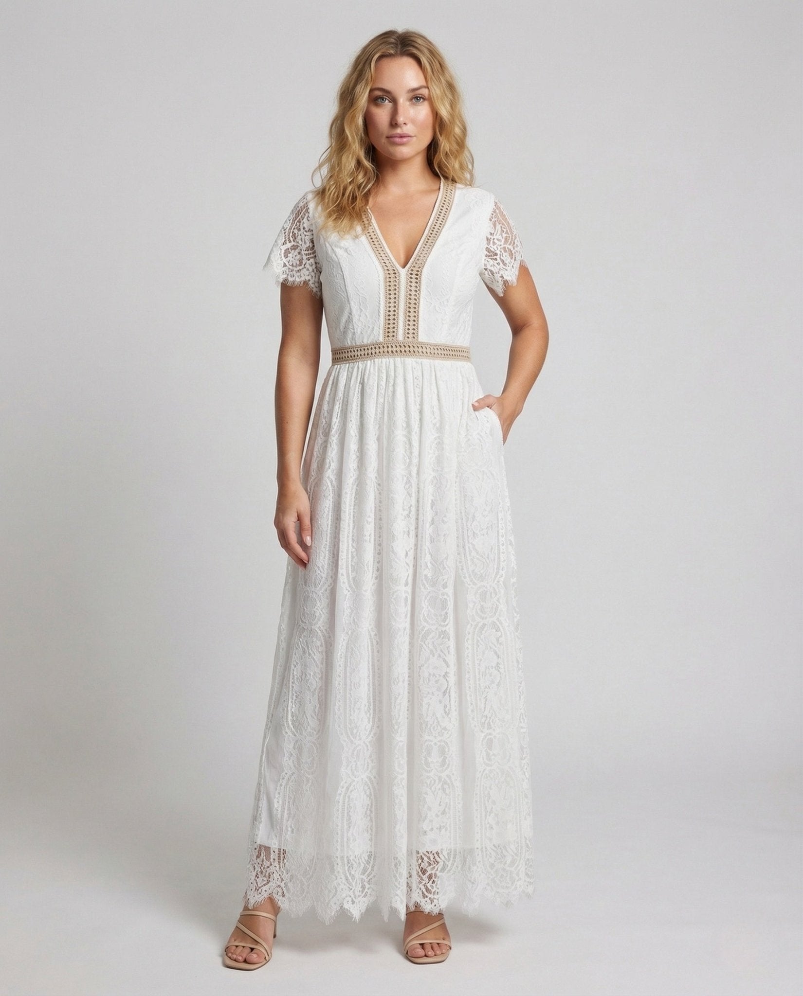 Ladies Lace Maxi Dress with Wing Sleeves - Chichicherry