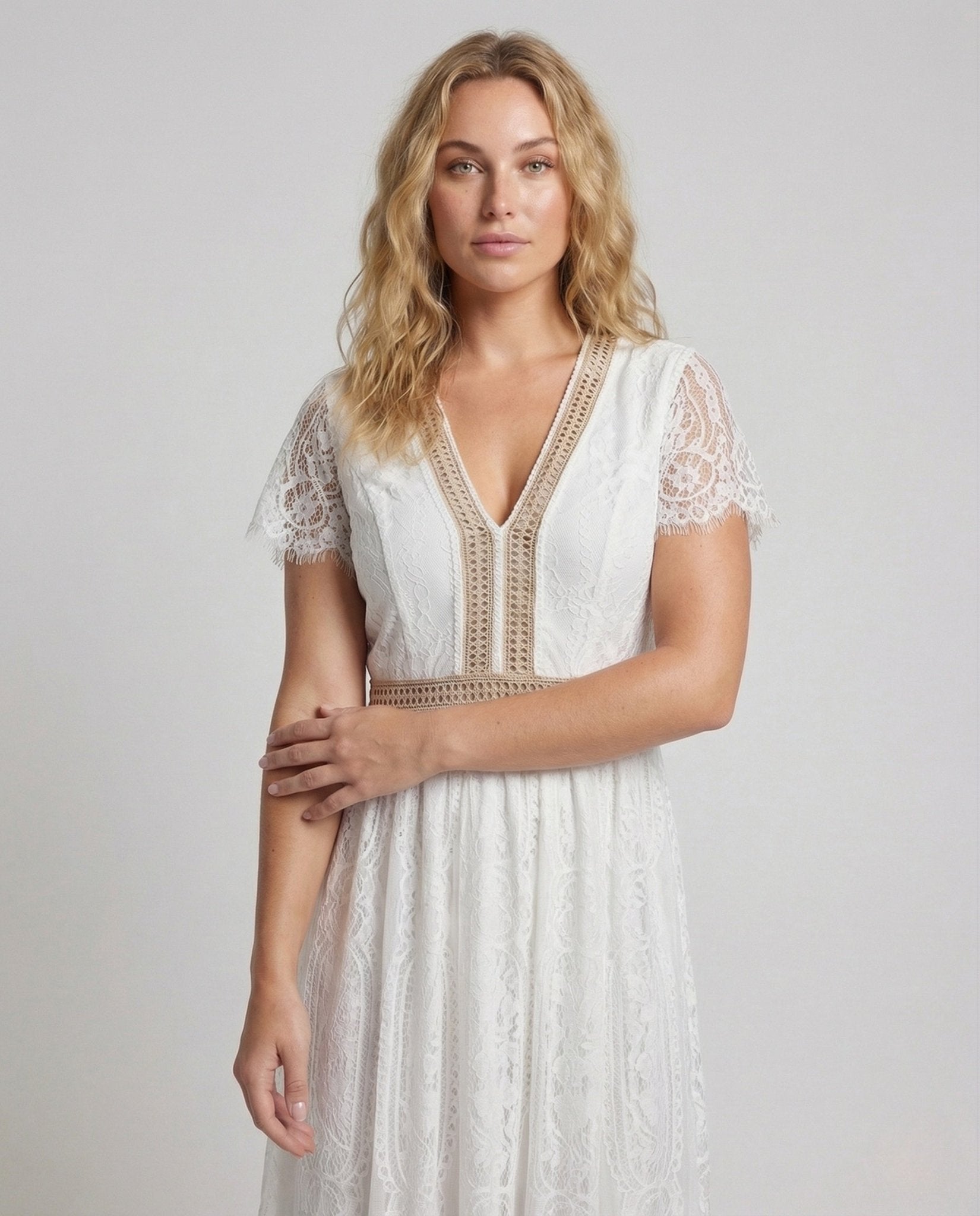 Ladies Lace Maxi Dress with Wing Sleeves - Chichicherry