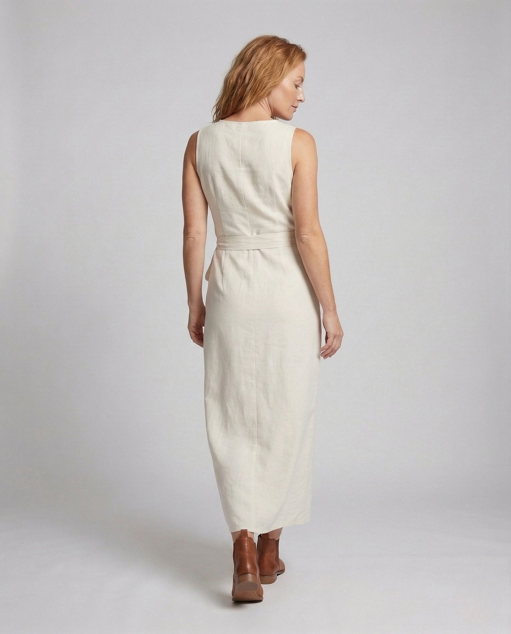 Ladies Linen Look Maxi Dress with Waist Bow - Chichicherry