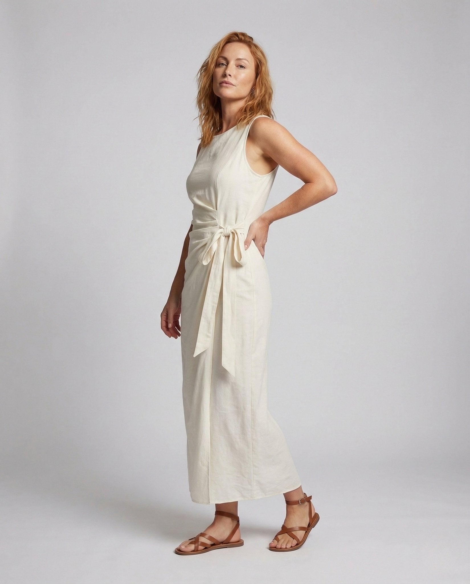 Ladies Linen Look Maxi Dress with Waist Bow - Chichicherry