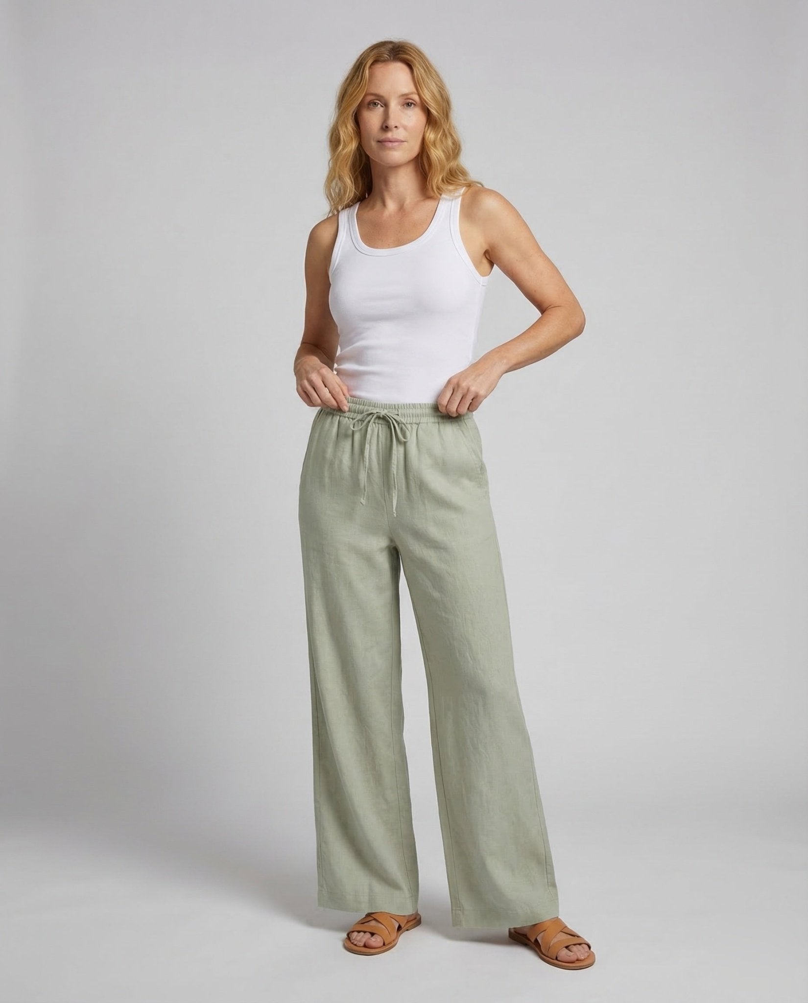 Ladies Linen Trousers Wide Elastic Waistband - Chichicherry