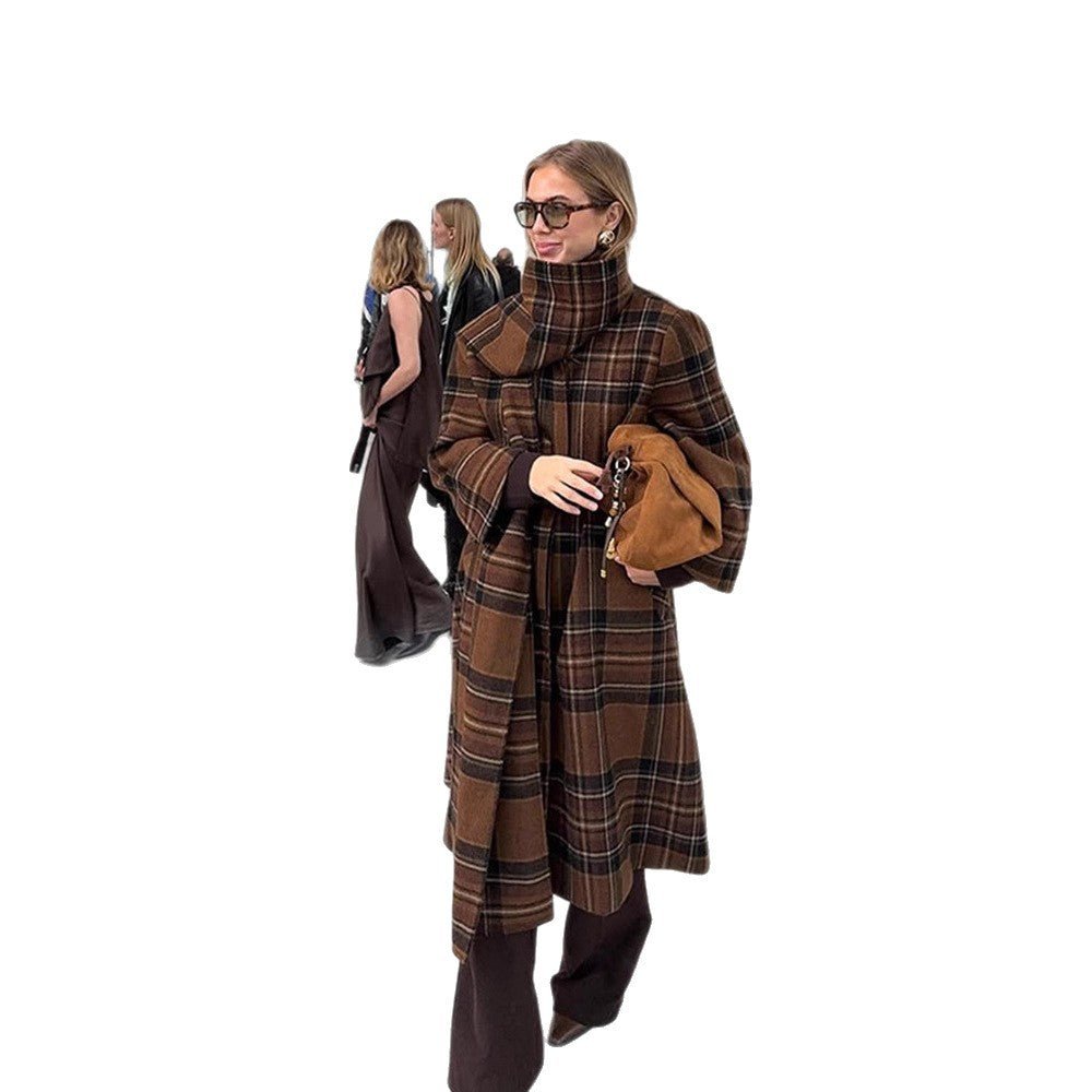 Ladies long coat in check look made of wool mix with oversized stand-up collar and bell sleeves Chichicherry - Chichicherry
