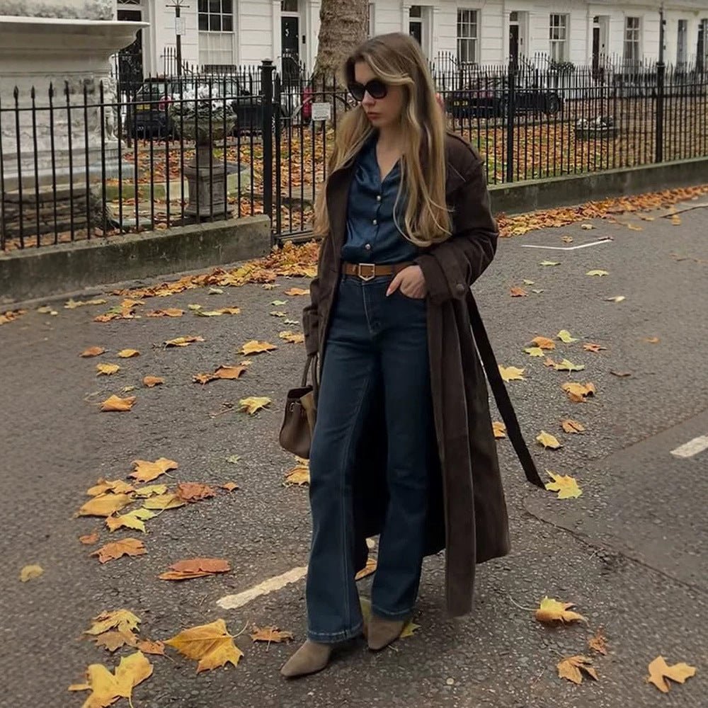 Ladies Long Cut Suede Trench Coat with Oversized Collar and Tie Belt Chichicherry - Chichicherry