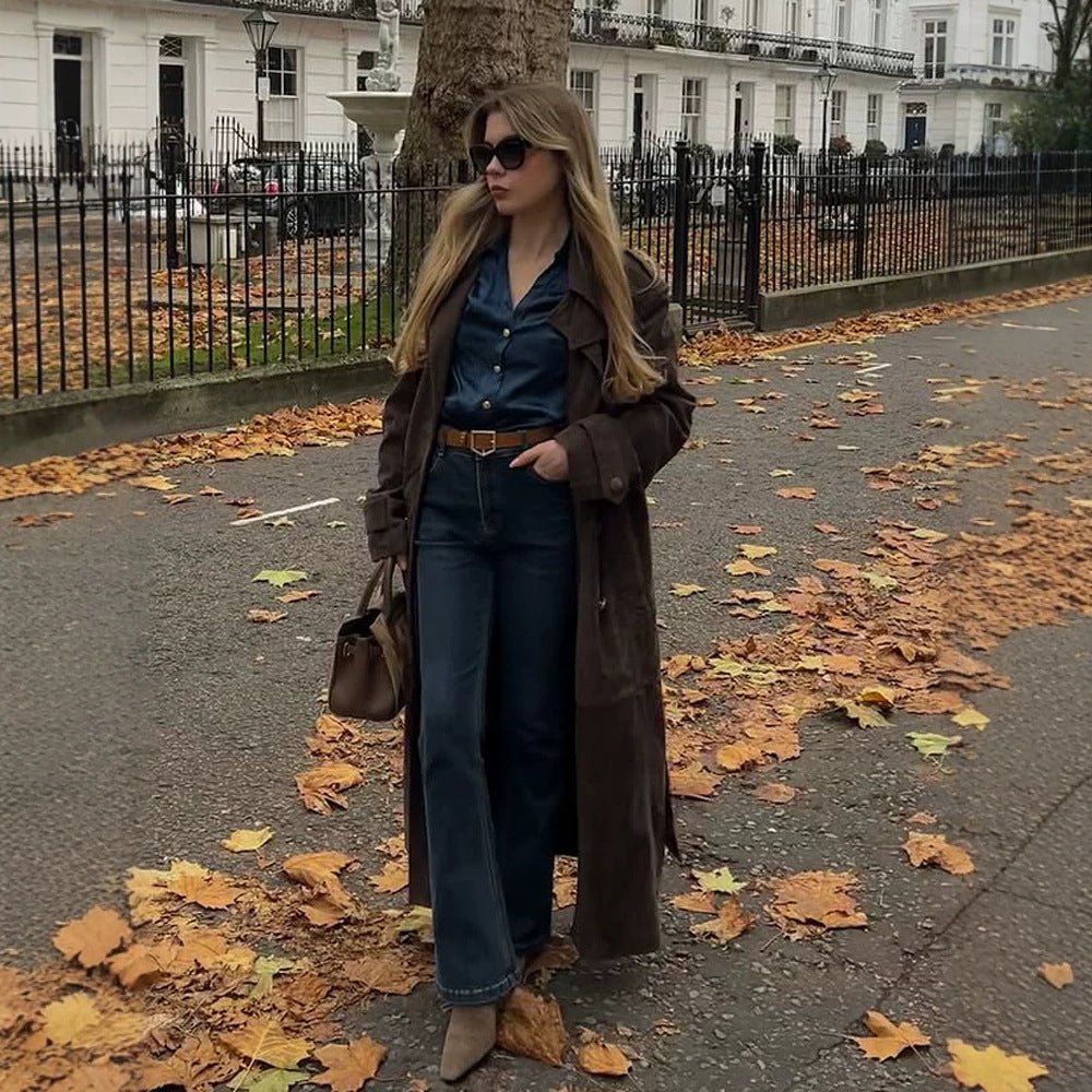 Ladies Long Cut Suede Trench Coat with Oversized Collar and Tie Belt Chichicherry - Chichicherry