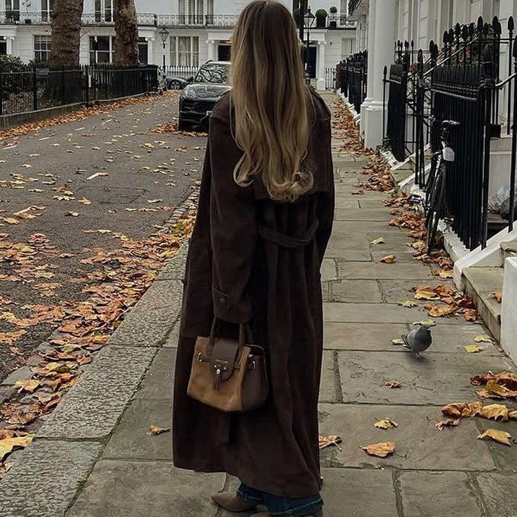Ladies Long Cut Suede Trench Coat with Oversized Collar and Tie Belt Chichicherry - Chichicherry