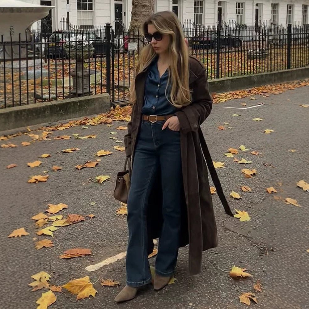 Ladies Long Cut Suede Trench Coat with Oversized Collar and Tie Belt Chichicherry - Chichicherry