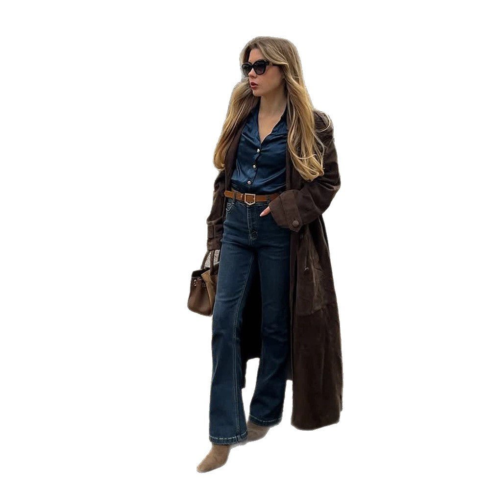 Ladies Long Cut Suede Trench Coat with Oversized Collar and Tie Belt Chichicherry - Chichicherry