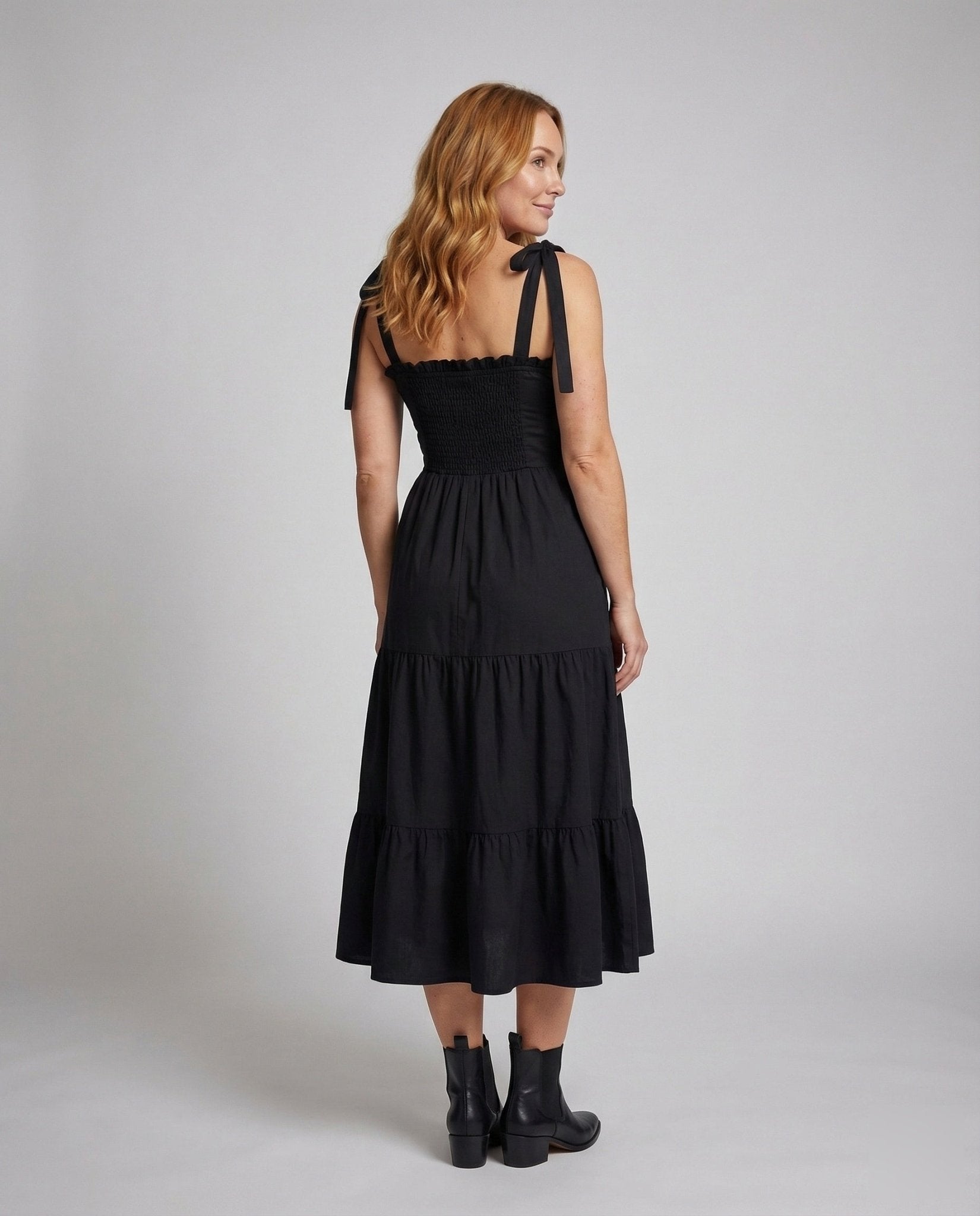 Ladies Long Smok Bustier Dress with Tiered Skirt - Chichicherry