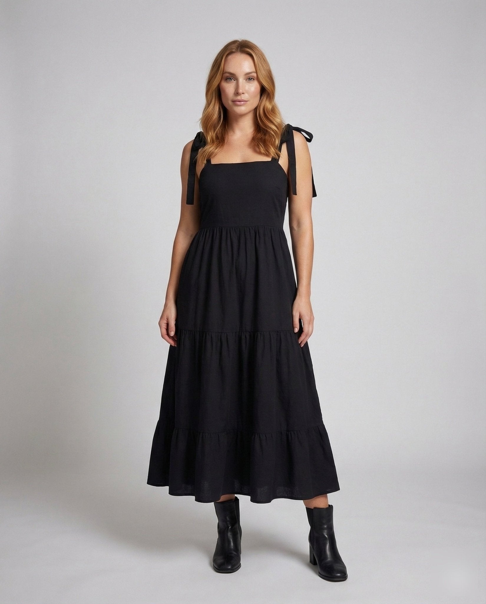 Ladies Long Smok Bustier Dress with Tiered Skirt - Chichicherry