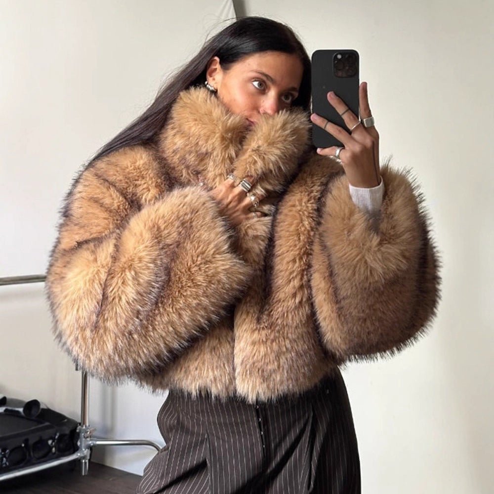 Ladies Luxury Faux Fur Cropped Bomber with Oversized Sleeves and High Shawl Collar Chichicherry - Chichicherry