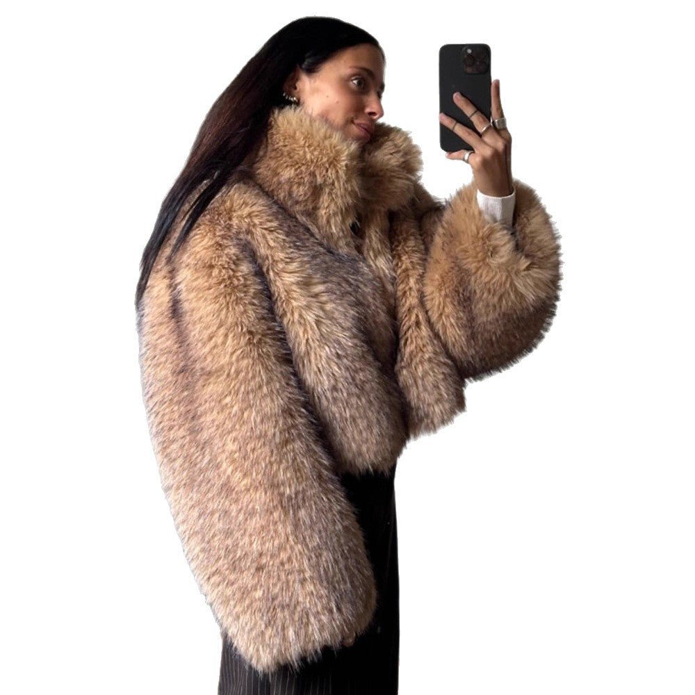 Ladies Luxury Faux Fur Cropped Bomber with Oversized Sleeves and High Shawl Collar Chichicherry - Chichicherry