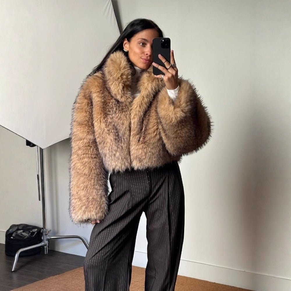 Ladies Luxury Faux Fur Cropped Bomber with Oversized Sleeves and High Shawl Collar Chichicherry - Chichicherry