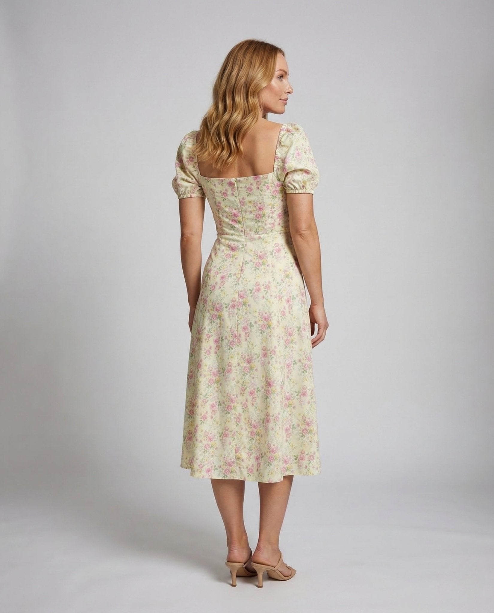 Ladies Max Dress Flowers Puff Sleeves Slit - Chichicherry