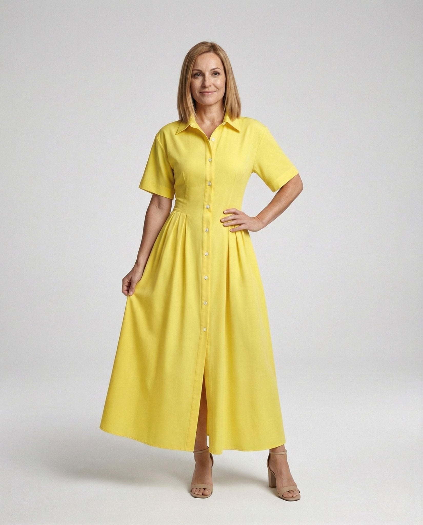 Ladies max dress in shirt blouse style with leg slit - Chichicherry