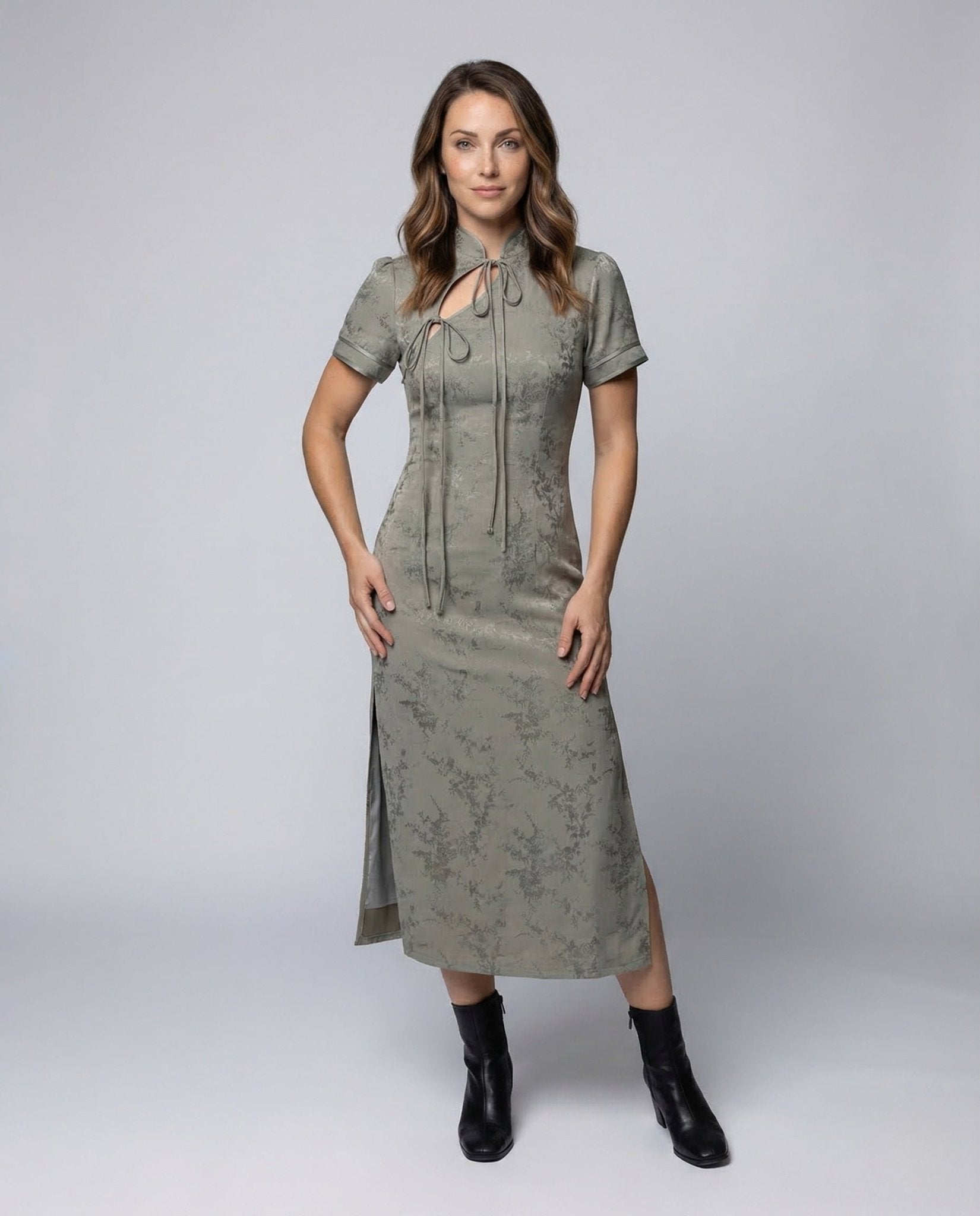 Ladies Maxi Dress Mandarin Collar Side Slit - Chichicherry