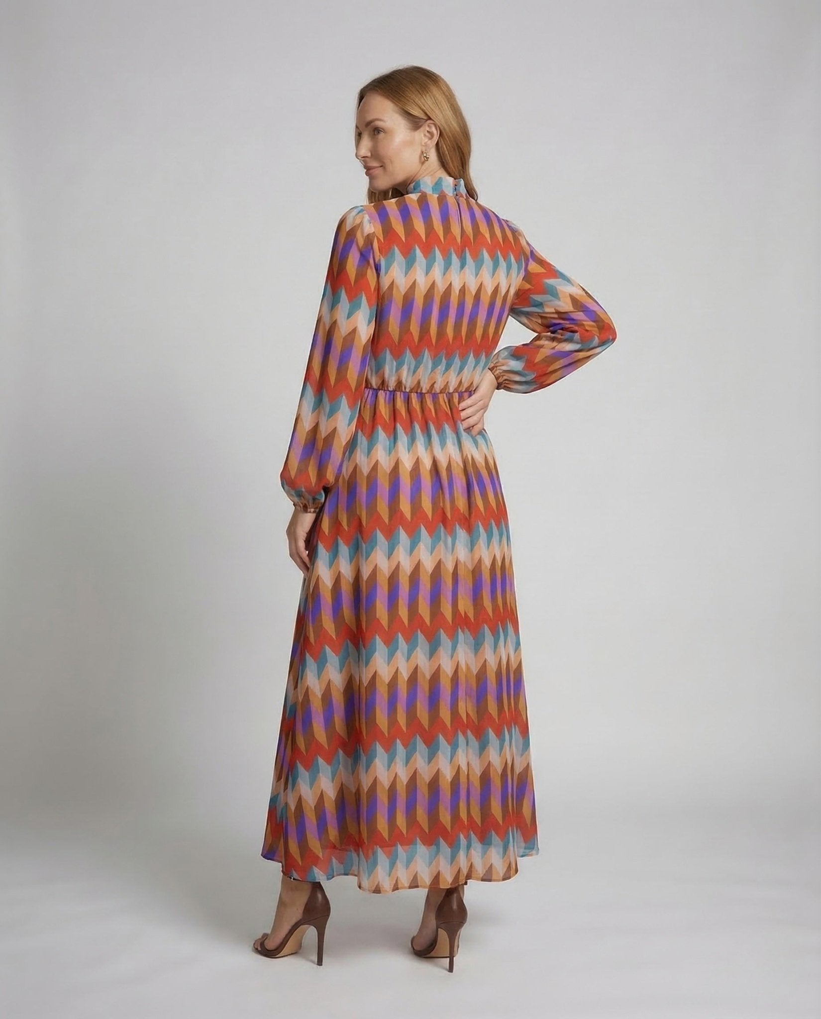 Ladies Maxi Dress Stand Collar Balloon Sleeves Belt - Chichicherry