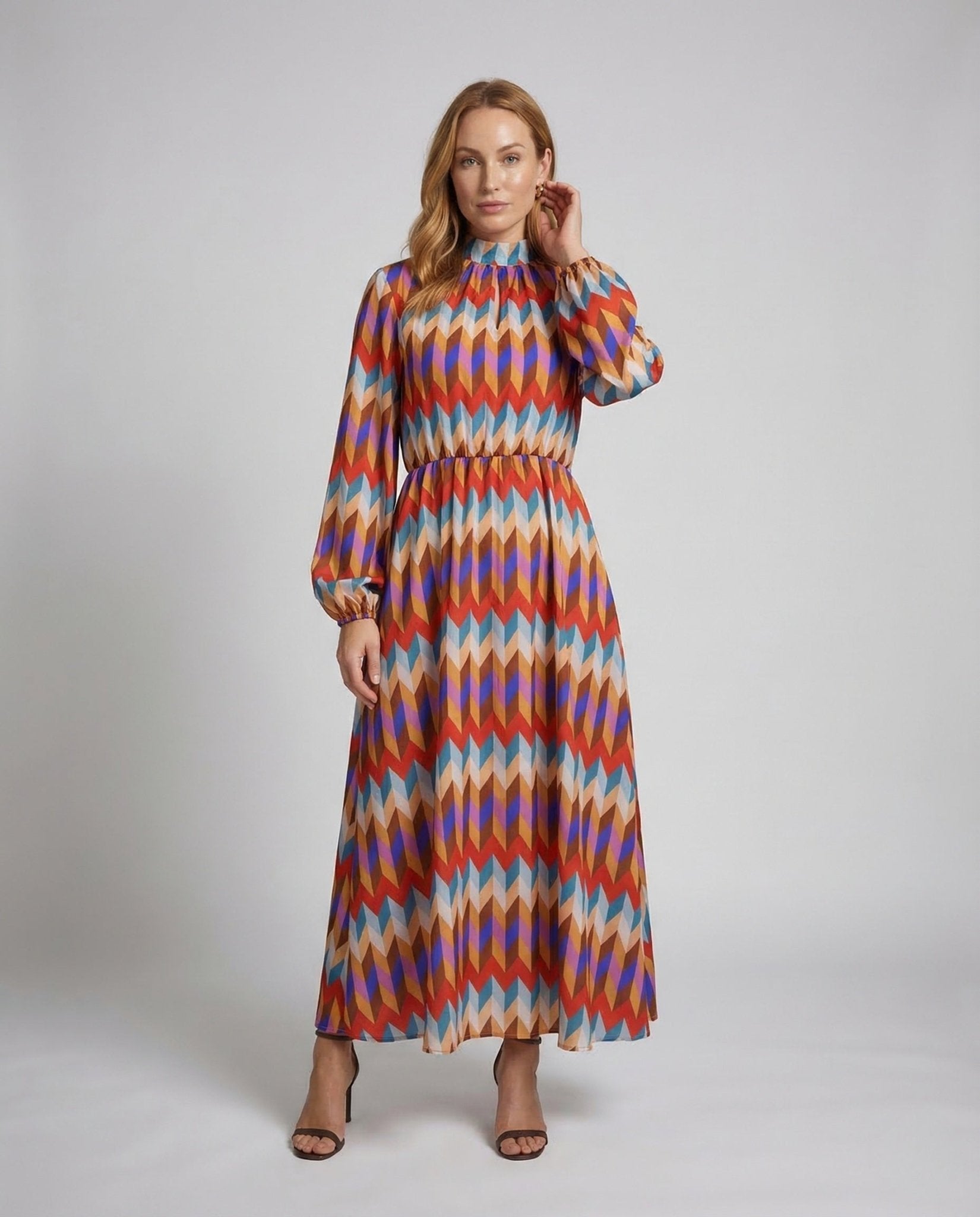 Ladies Maxi Dress Stand Collar Balloon Sleeves Belt - Chichicherry