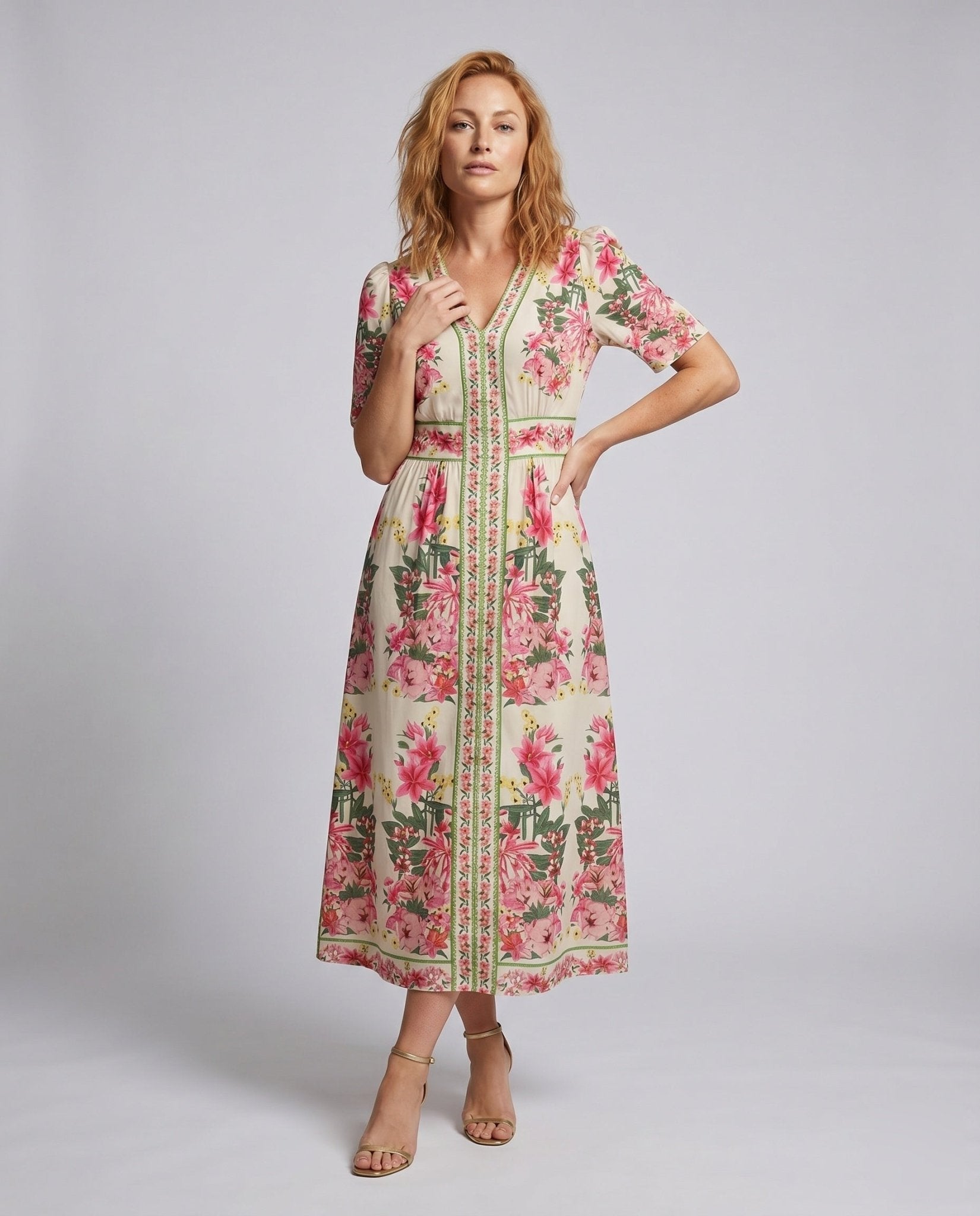 Ladies Maxi Dress with playful floral design and elegant ruffle - Chichicherry
