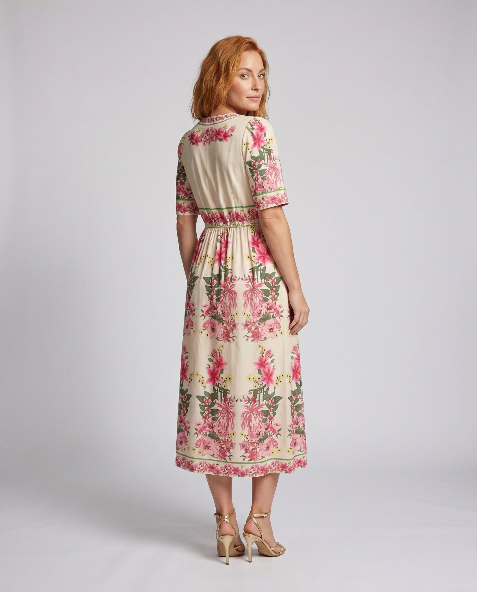 Ladies Maxi Dress with playful floral design and elegant ruffle - Chichicherry