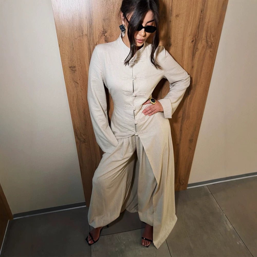 Ladies maxi dress with stand collar, mandarin button placket and draped skirt Chichicherry - Chichicherry