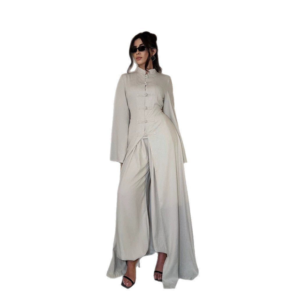 Ladies maxi dress with stand collar, mandarin button placket and draped skirt Chichicherry - Chichicherry