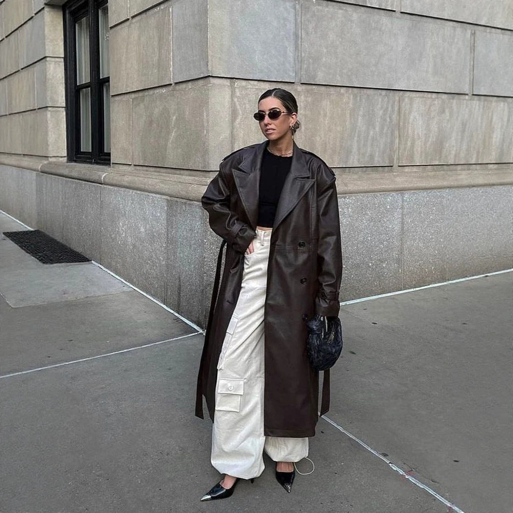 Ladies Maxilength Oversize Faux Leather Trench Coat with Wide Lapels and Waist Belt Chichicherry - Chichicherry