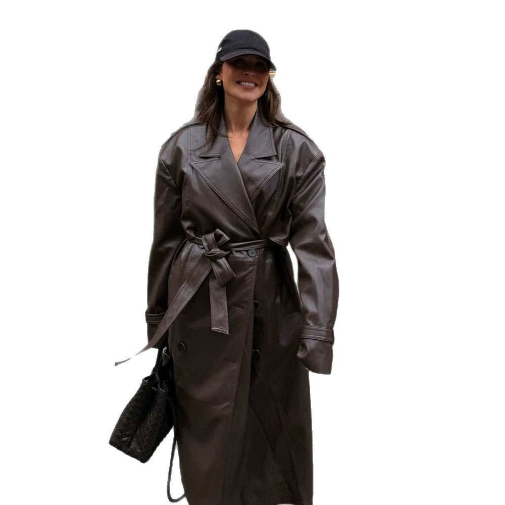 Ladies Maxilength Oversize Faux Leather Trench Coat with Wide Lapels and Waist Belt Chichicherry - Chichicherry
