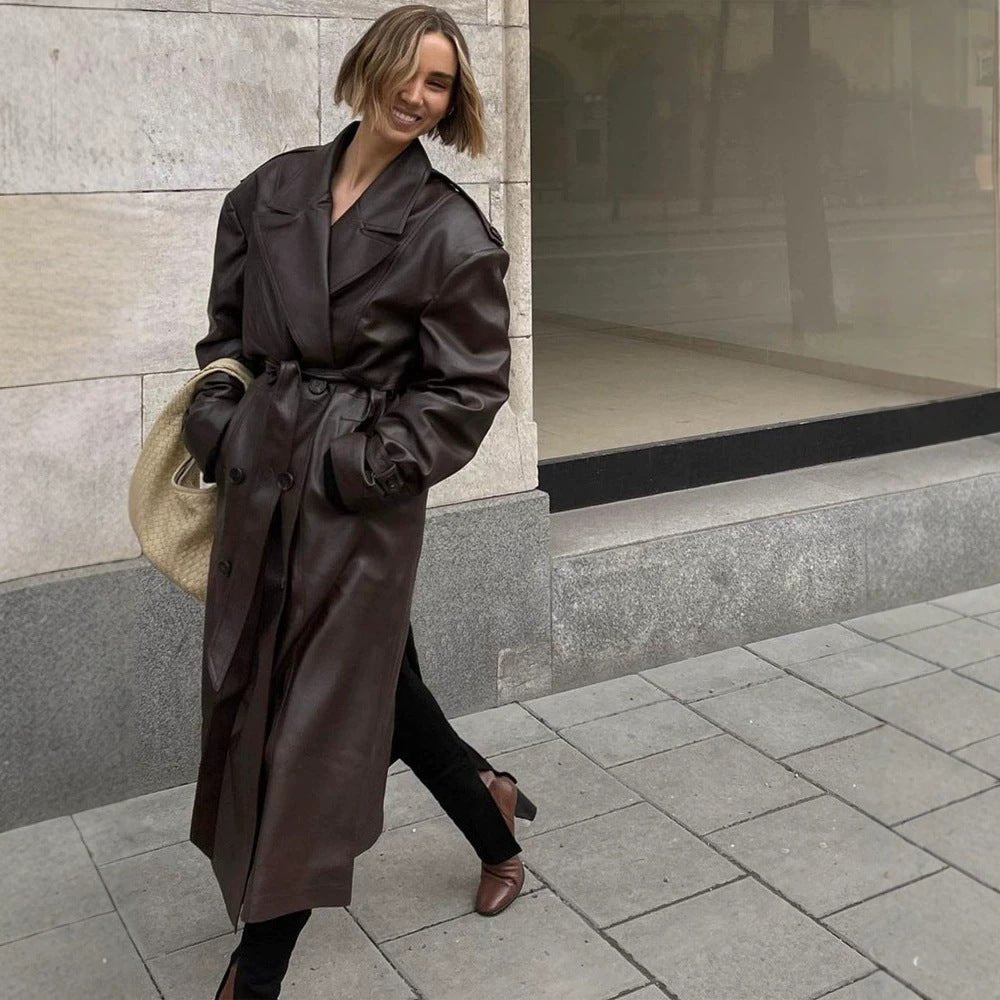 Ladies Maxilength Oversize Faux Leather Trench Coat with Wide Lapels and Waist Belt Chichicherry - Chichicherry
