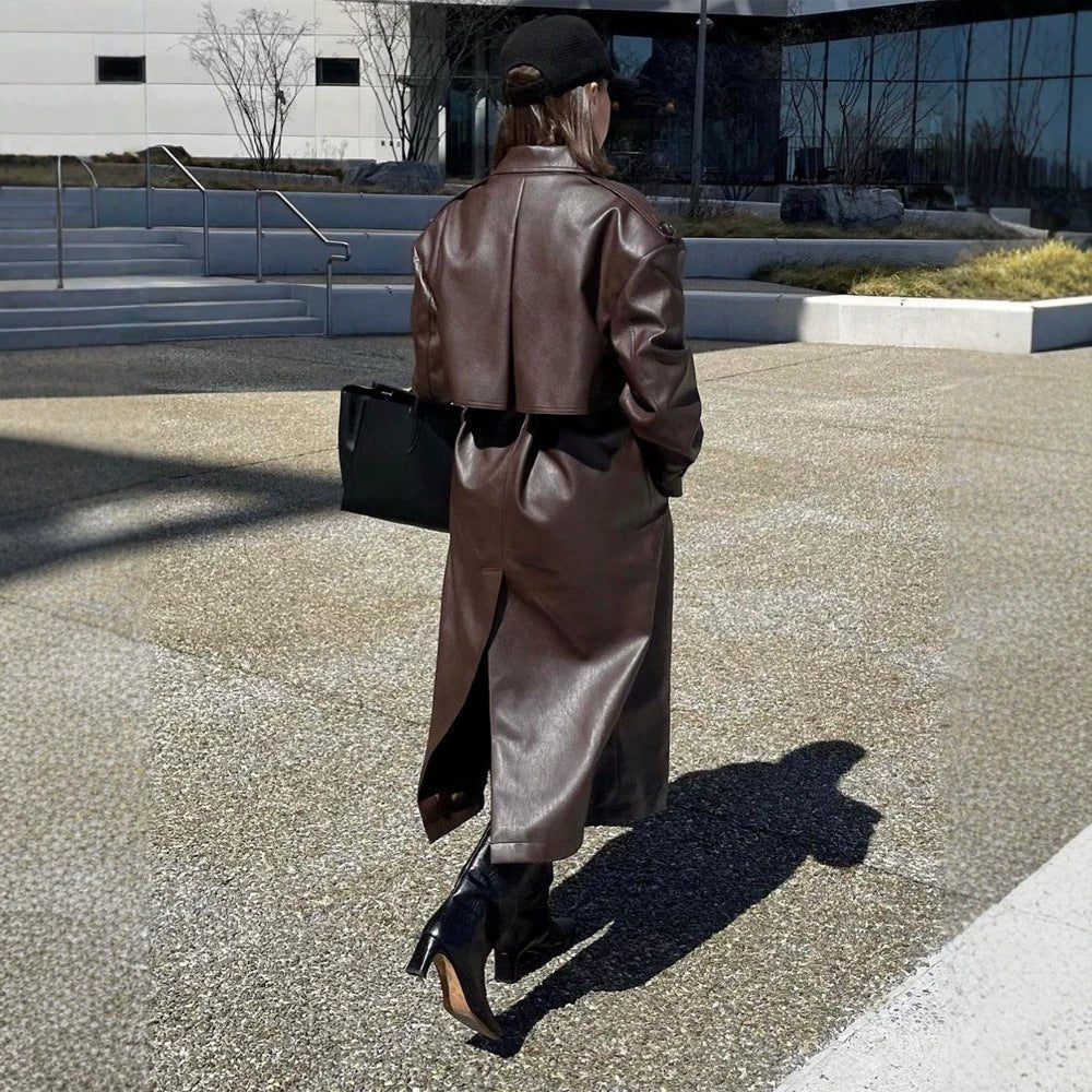 Ladies Maxilength Oversize Faux Leather Trench Coat with Wide Lapels and Waist Belt Chichicherry - Chichicherry