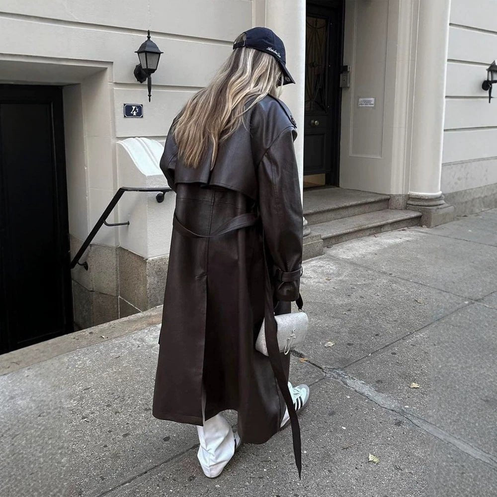 Ladies Maxilength Oversize Faux Leather Trench Coat with Wide Lapels and Waist Belt Chichicherry - Chichicherry