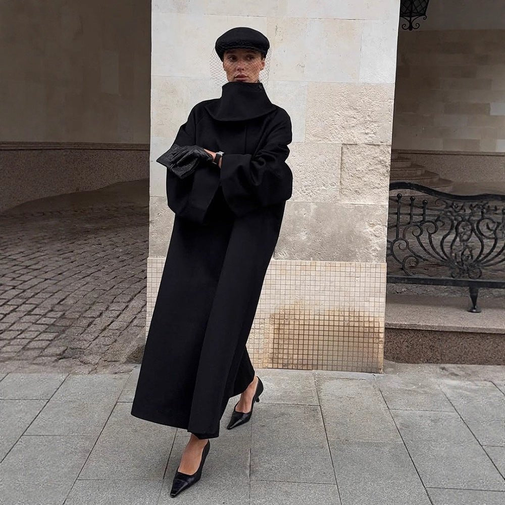 Ladies Maxilength Oversize Wool Blend Coat with Oversized Stand Collar and Balloon-like Sleeves Chichicherry - Chichicherry