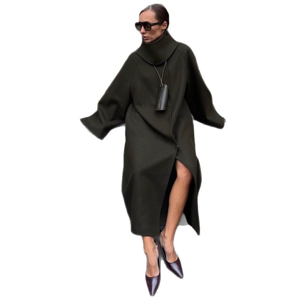 Ladies Maxilength Oversize Wool Blend Coat with Oversized Stand Collar and Balloon-like Sleeves Chichicherry - Chichicherry
