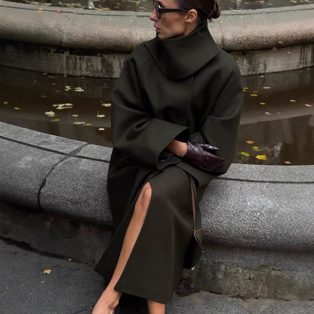 Ladies Maxilength Oversize Wool Blend Coat with Oversized Stand Collar and Balloon-like Sleeves Chichicherry - Chichicherry
