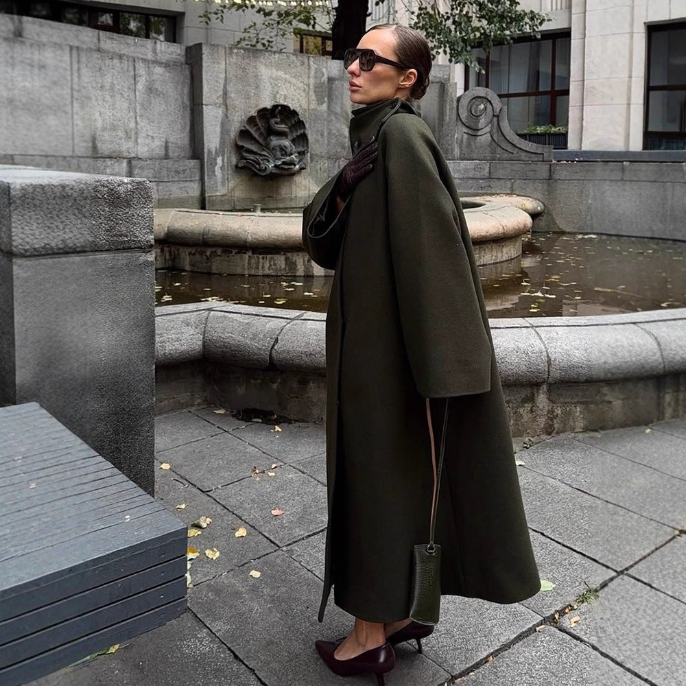 Ladies Maxilength Oversize Wool Blend Coat with Oversized Stand Collar and Balloon-like Sleeves Chichicherry - Chichicherry