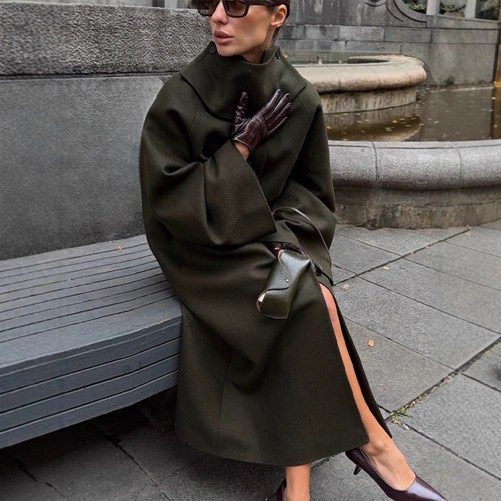 Ladies Maxilength Oversize Wool Blend Coat with Oversized Stand Collar and Balloon-like Sleeves Chichicherry - Chichicherry