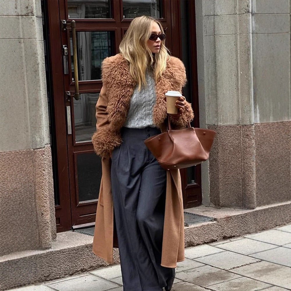 Ladies Maxilength Wool Blend Coat with Detachable Curly Faux Fur Shawl Collar and Fur Cuffs Chichicherry - Chichicherry