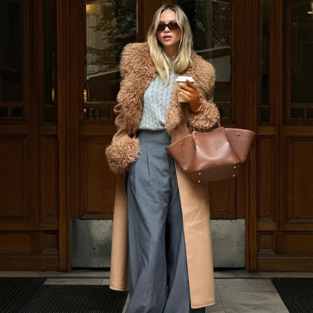 Ladies Maxilength Wool Blend Coat with Detachable Curly Faux Fur Shawl Collar and Fur Cuffs Chichicherry - Chichicherry