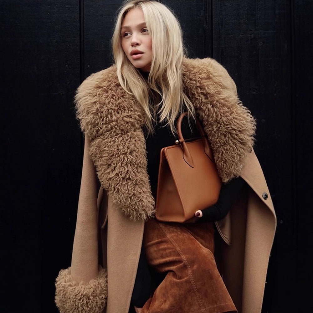 Ladies Maxilength Wool Blend Coat with Detachable Curly Faux Fur Shawl Collar and Fur Cuffs Chichicherry - Chichicherry