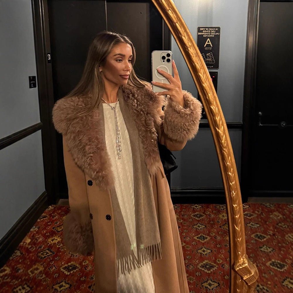Ladies Maxilength Wool Blend Coat with Detachable Curly Faux Fur Shawl Collar and Fur Cuffs Chichicherry - Chichicherry