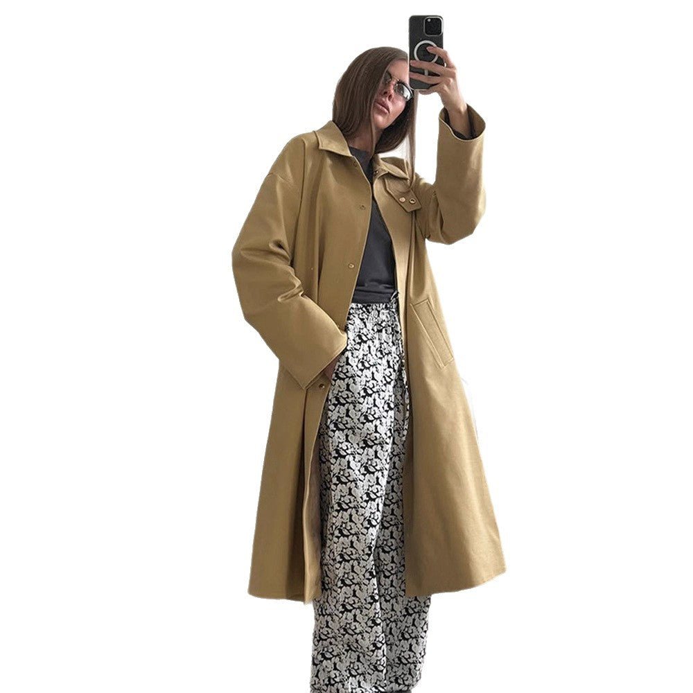 Ladies Maxilong Oversize Trench Coat with Stand Collar and Concealed Snap Placket Chichicherry - Chichicherry