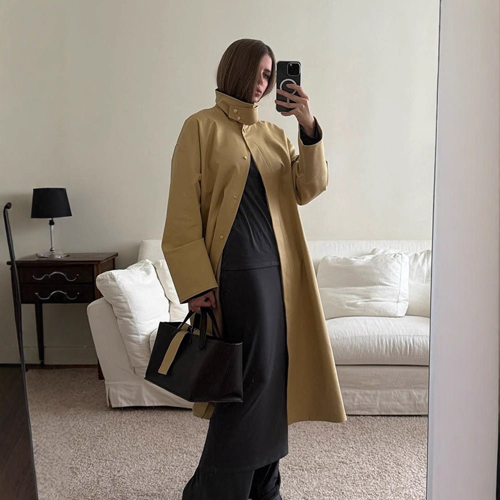 Ladies Maxilong Oversize Trench Coat with Stand Collar and Concealed Snap Placket Chichicherry - Chichicherry