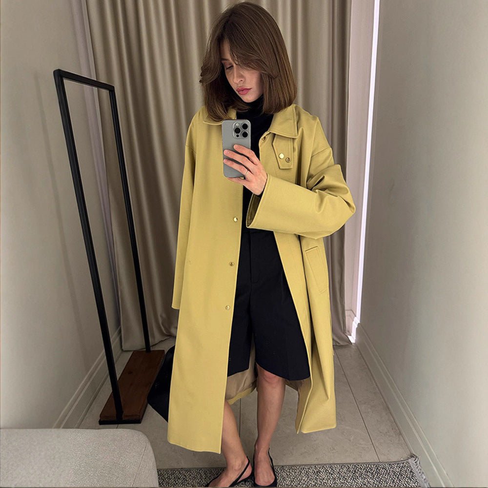 Ladies Maxilong Oversize Trench Coat with Stand Collar and Concealed Snap Placket Chichicherry - Chichicherry