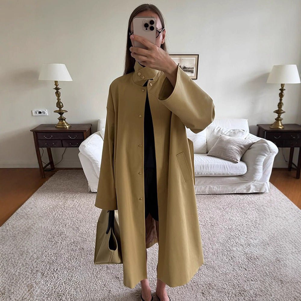Ladies Maxilong Oversize Trench Coat with Stand Collar and Concealed Snap Placket Chichicherry - Chichicherry