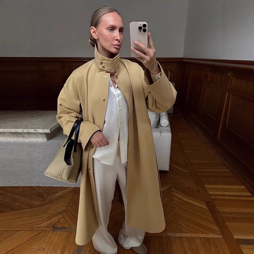 Ladies Maxilong Oversize Trench Coat with Stand Collar and Concealed Snap Placket Chichicherry - Chichicherry