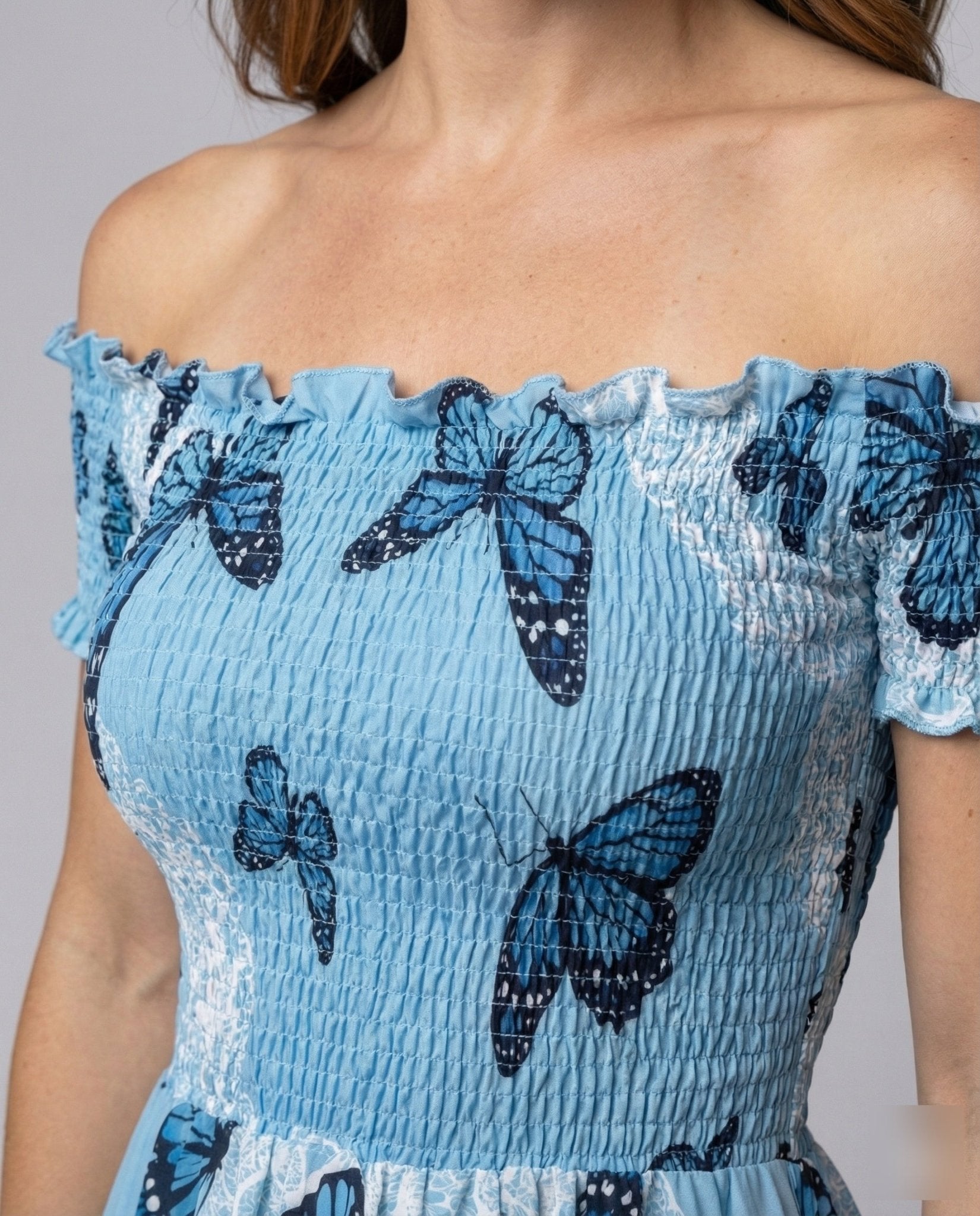 Ladies Midi Dress Butterfly Print Ruffle Skirt - Chichicherry