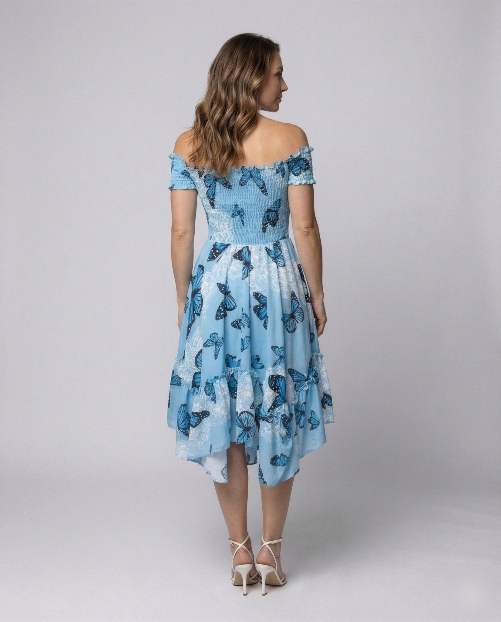 Ladies Midi Dress Butterfly Print Ruffle Skirt - Chichicherry