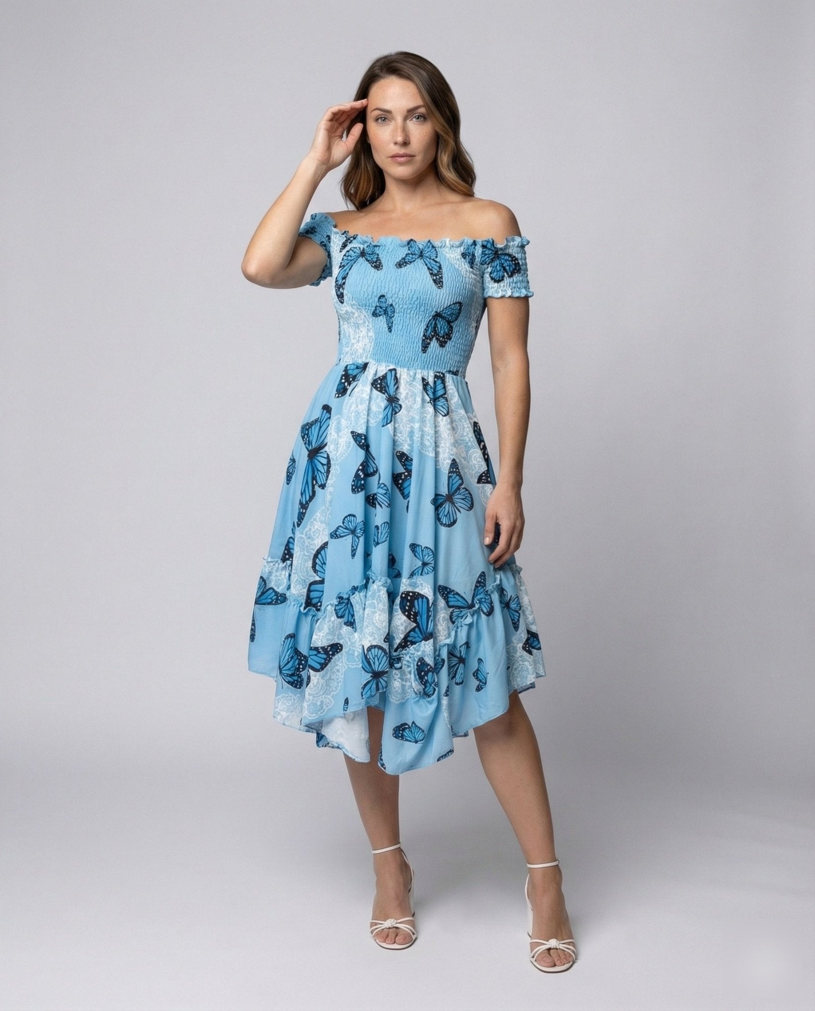 Ladies Midi Dress Butterfly Print Ruffle Skirt - Chichicherry