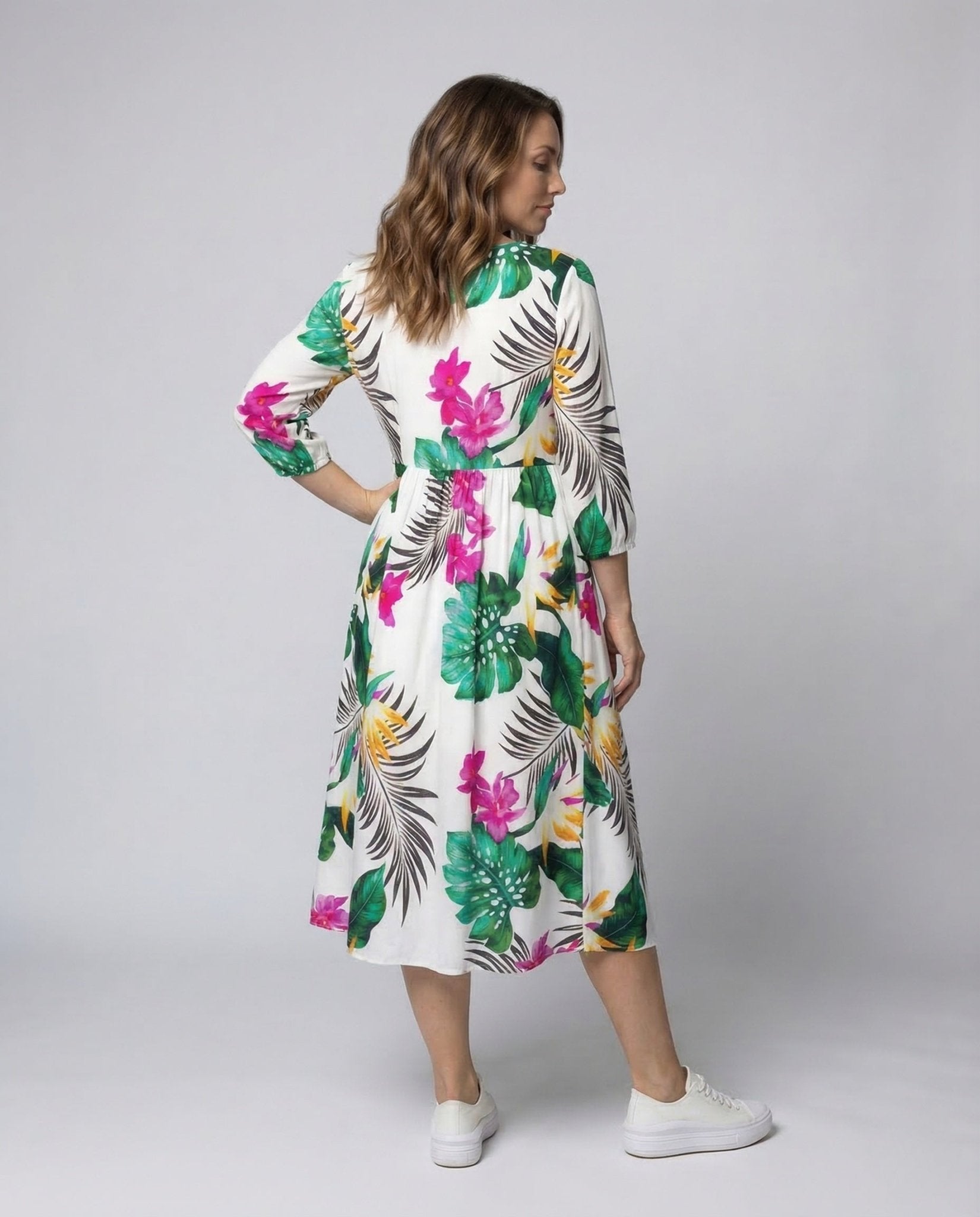 Ladies Midi Dress Flared Skirt Floral Print - Chichicherry