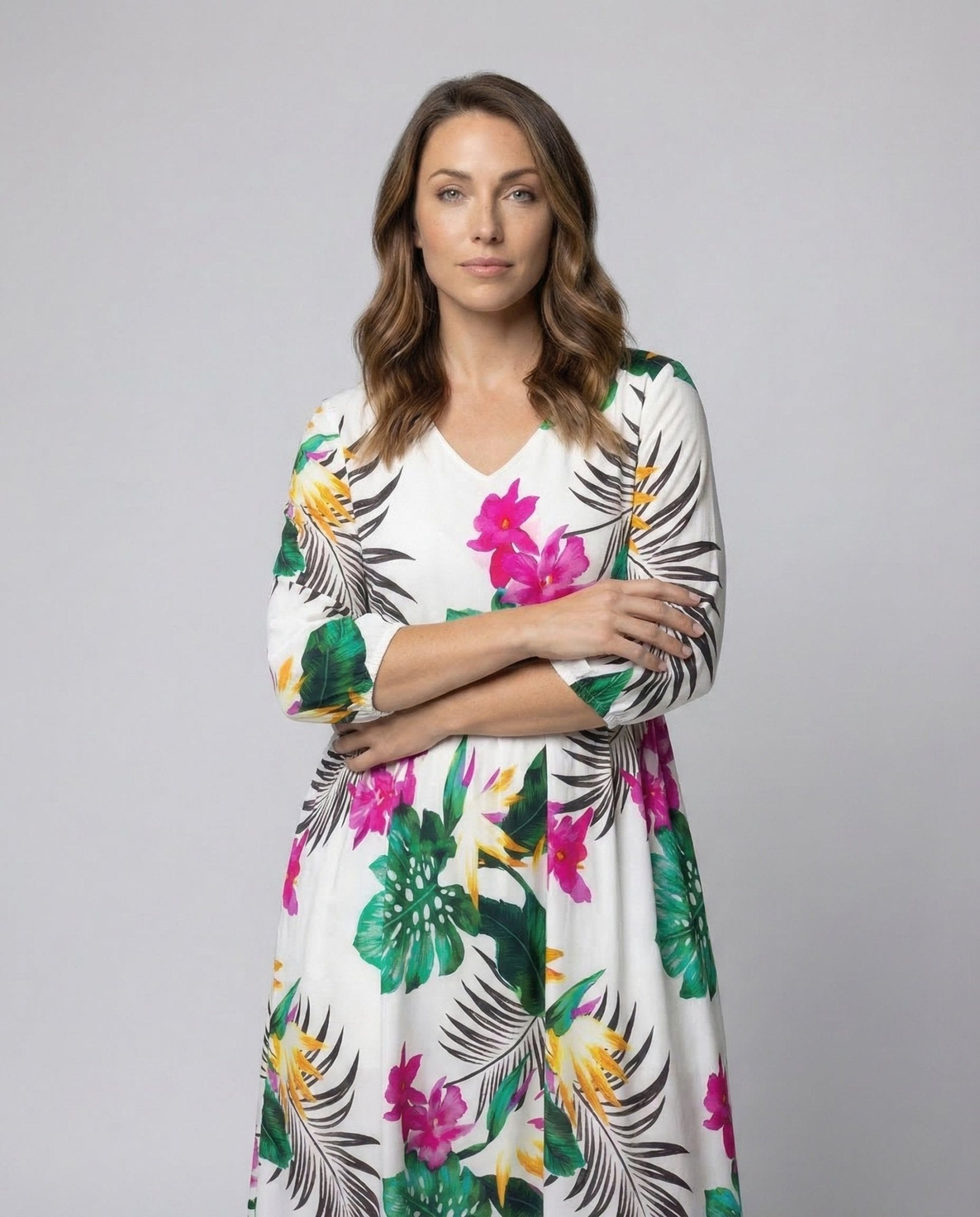 Ladies Midi Dress Flared Skirt Floral Print - Chichicherry