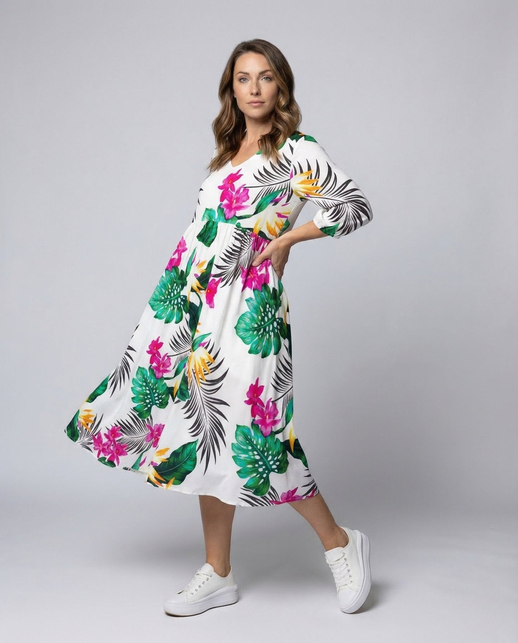Ladies Midi Dress Flared Skirt Floral Print - Chichicherry